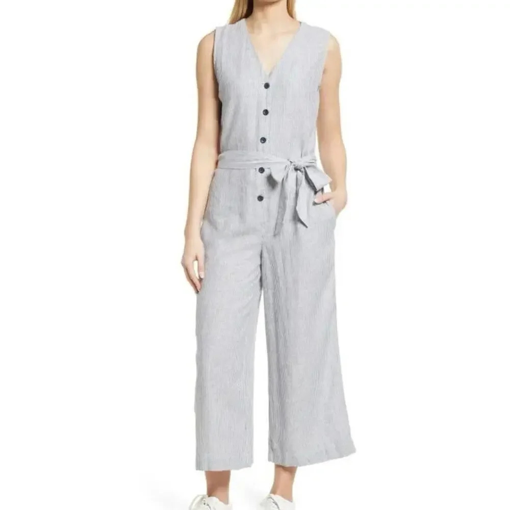 Calson,L blue/white striped linen‎ blend pocketed belted button front jumpsuit